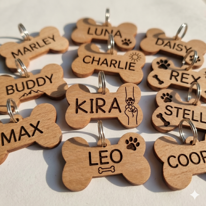 Tag a osso di legno per cane, personalizzabile