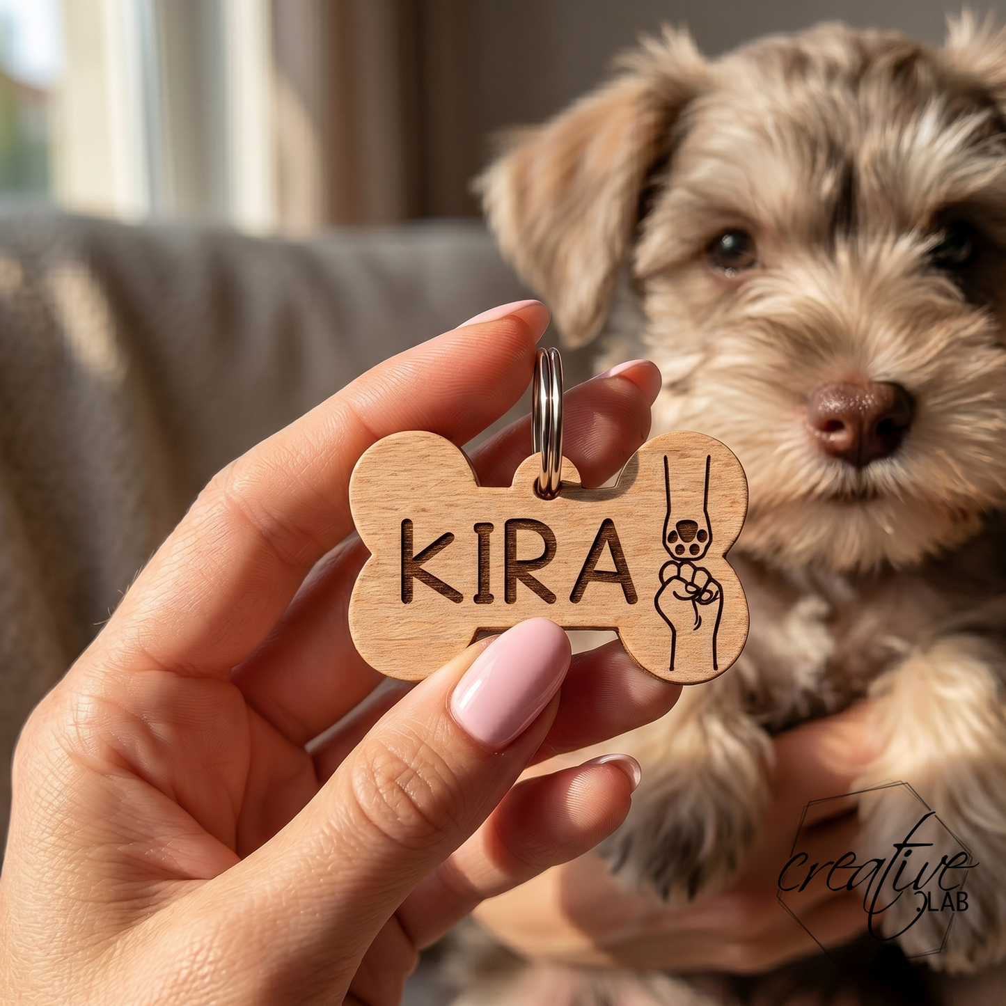 Tag a osso di legno per cane, personalizzabile