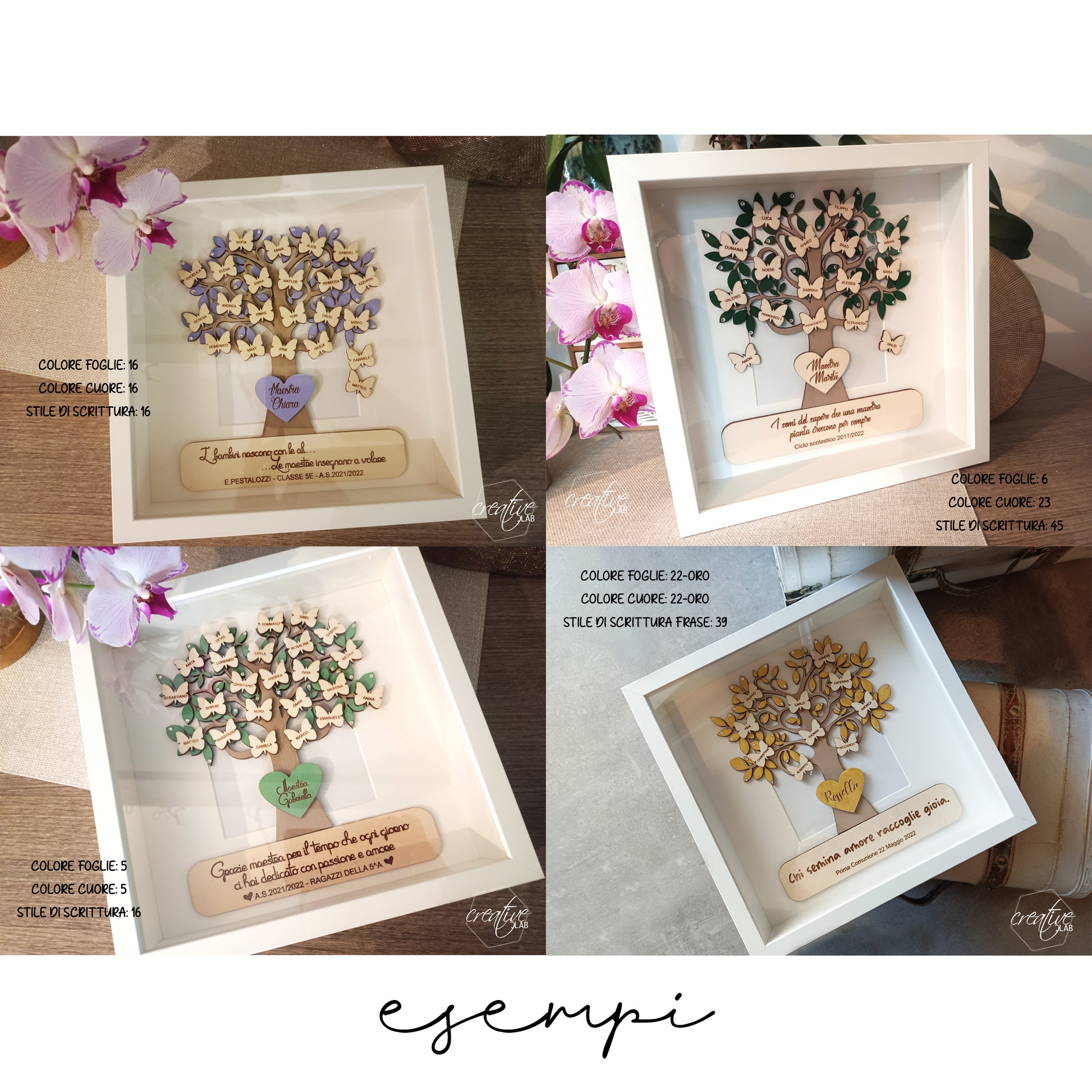 Albero della vita realizzato in legno, personalizzabile con farfalle intagliate e incise con i nomi dei bambini della classe. Il cuore centrale è possibile inciderlo con il nome della maestra e nella parte bassa è possibile aggiungere una frase di dedica, classe e anno scolastico.