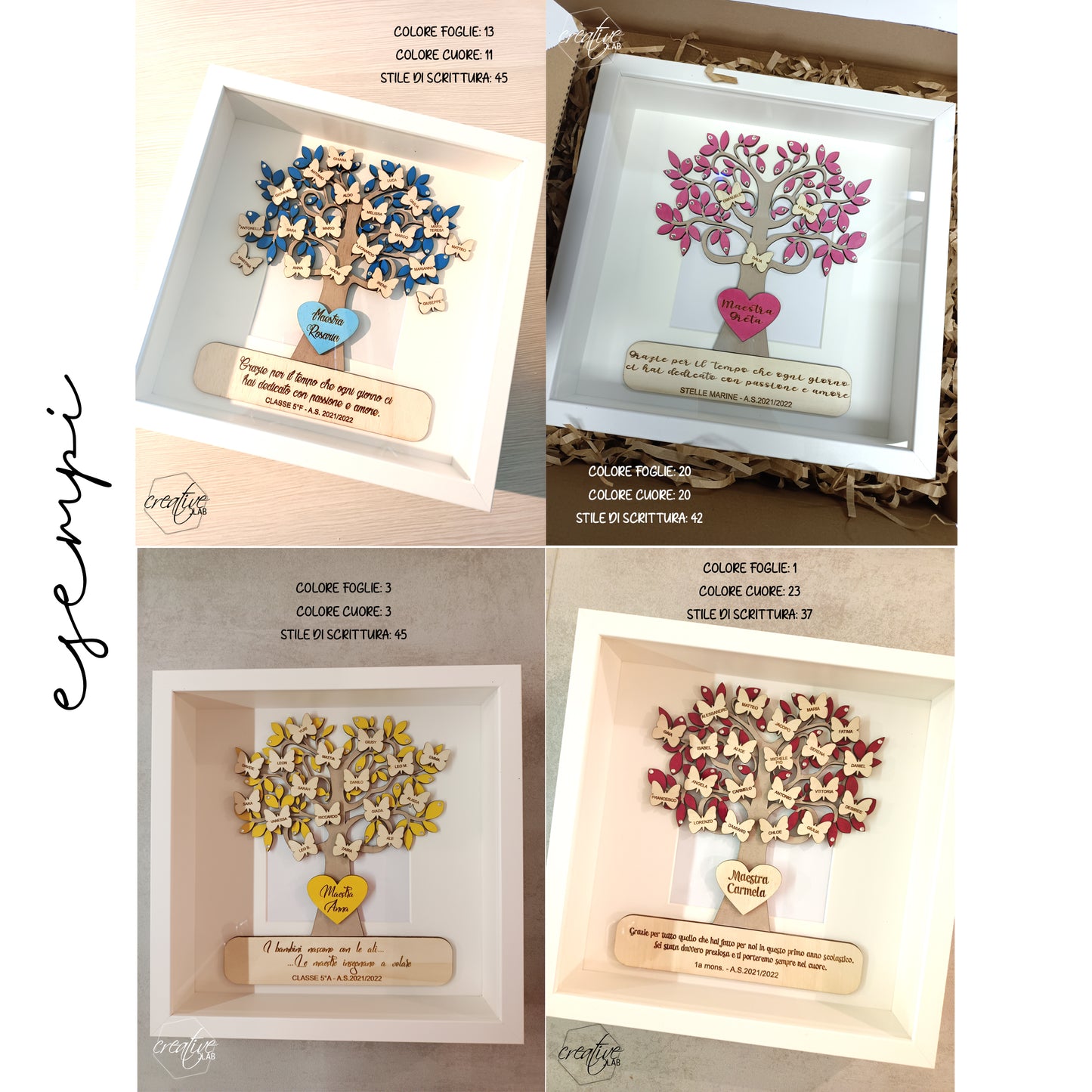 Albero della vita realizzato in legno, personalizzabile con farfalle intagliate e incise con i nomi dei bambini della classe. Il cuore centrale è possibile inciderlo con il nome della maestra e nella parte bassa è possibile aggiungere una frase di dedica, classe e anno scolastico.