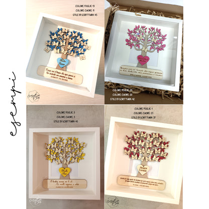 Albero della vita realizzato in legno, personalizzabile con farfalle intagliate e incise con i nomi dei bambini della classe. Il cuore centrale è possibile inciderlo con il nome della maestra e nella parte bassa è possibile aggiungere una frase di dedica, classe e anno scolastico.