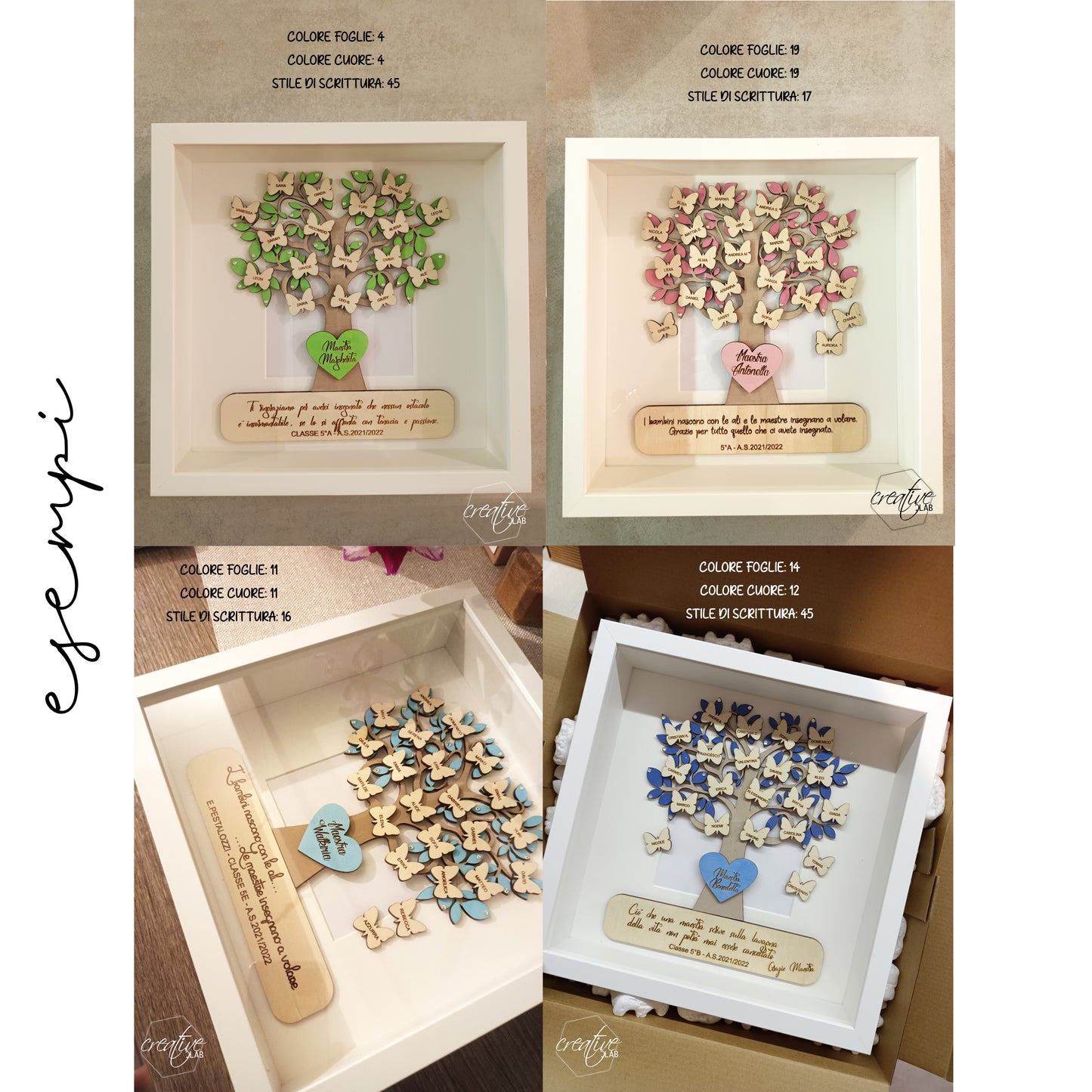 Albero della vita realizzato in legno, personalizzabile con farfalle intagliate e incise con i nomi dei bambini della classe. Il cuore centrale è possibile inciderlo con il nome della maestra e nella parte bassa è possibile aggiungere una frase di dedica, classe e anno scolastico.