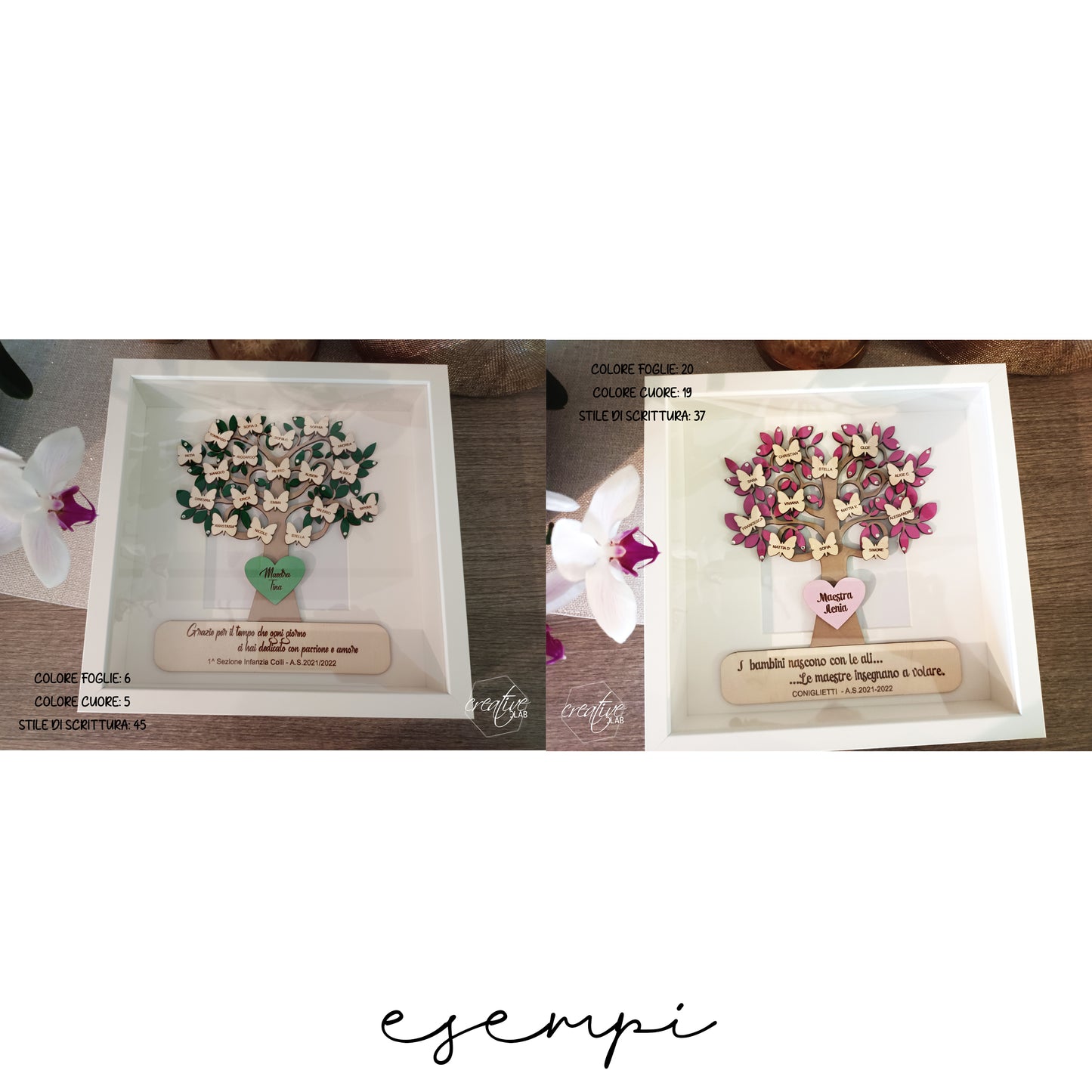 Albero della vita realizzato in legno, personalizzabile con farfalle intagliate e incise con i nomi dei bambini della classe. Il cuore centrale è possibile inciderlo con il nome della maestra e nella parte bassa è possibile aggiungere una frase di dedica, classe e anno scolastico.