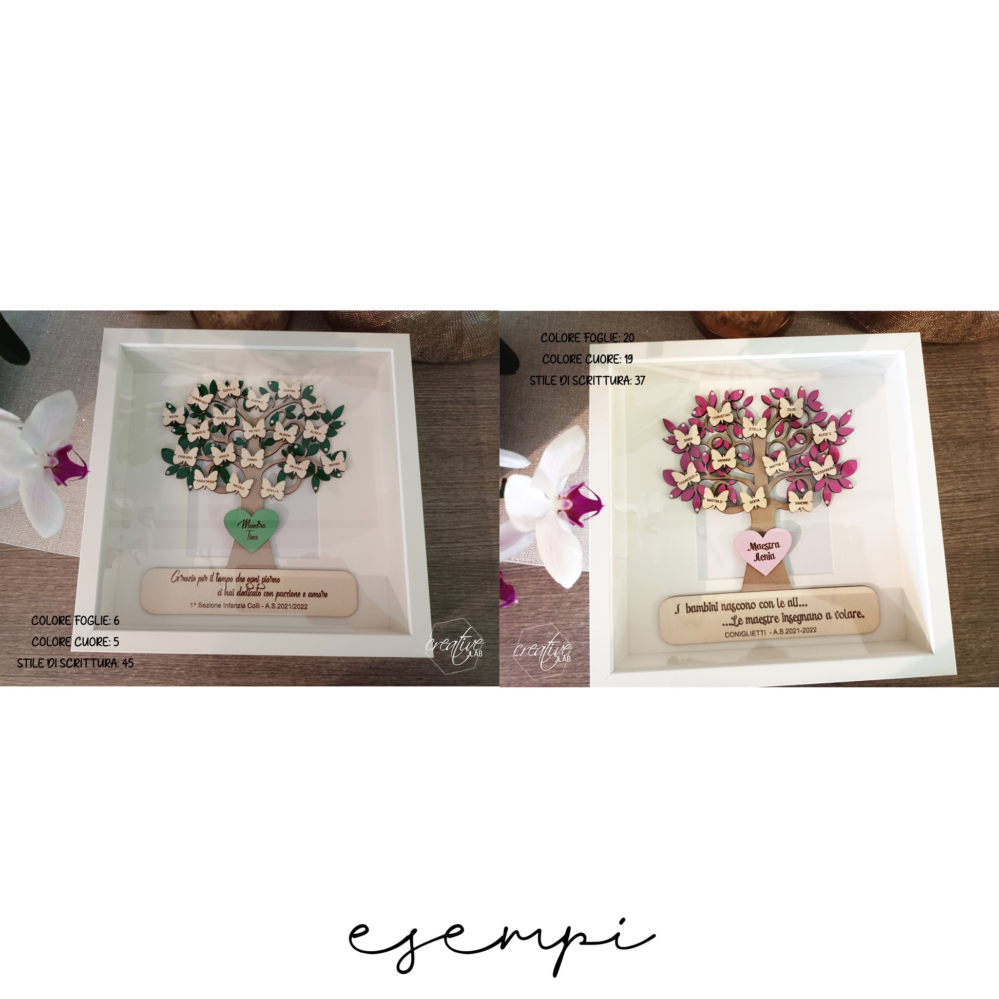 Albero della vita realizzato in legno, personalizzabile con farfalle intagliate e incise con i nomi dei bambini della classe. Il cuore centrale è possibile inciderlo con il nome della maestra e nella parte bassa è possibile aggiungere una frase di dedica, classe e anno scolastico.