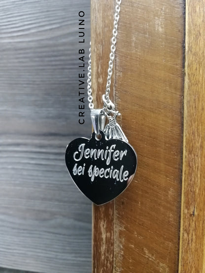 Ciondolo a cuore personalizzato con catenina in acciaio e ciondolo (C9+D2+CH)