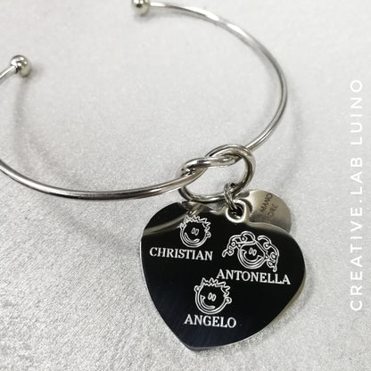 Bracciale rigido con nodo e ciondolo personalizzabile a cuore (G11+C9)