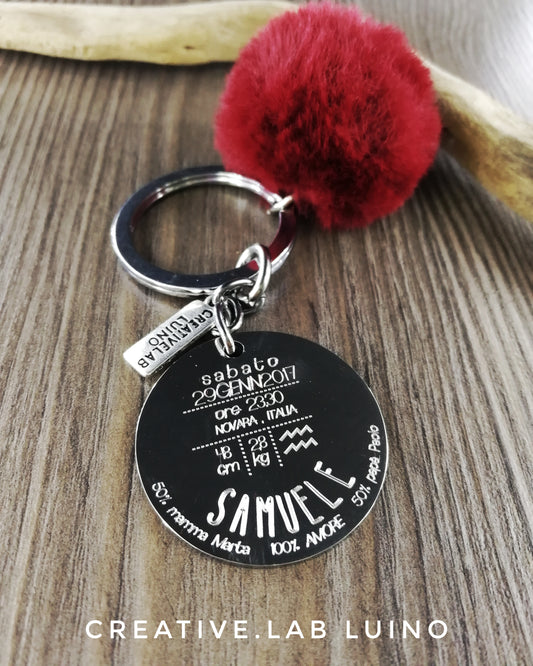 Portachiavi personalizzabile certificato di nascita e pom pon (C1+pom pon)