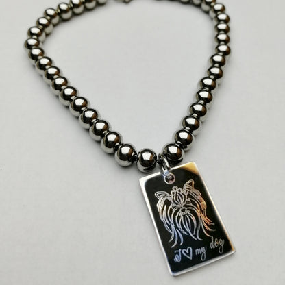 Bracciale a palline in acciaio con ciondolo rettangolare "I love my dog" personalizzabile(G44+A30)
