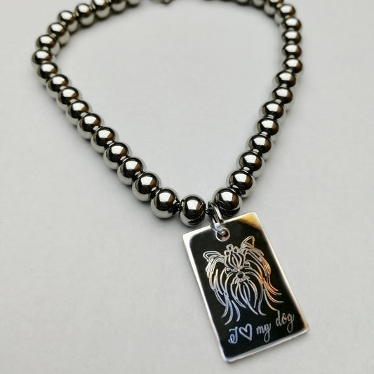 Bracciale a palline in acciaio con ciondolo rettangolare "I love my dog" personalizzabile(G44+A30)