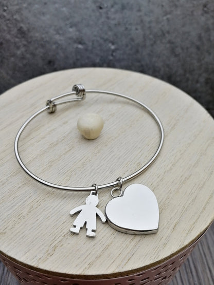 Bracciale rigido con nodi scorsoi e ciondolo a cuore e bimbi (G20+A11+A9eA10)