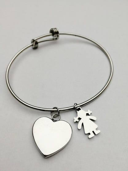 Bracciale rigido con nodi scorsoi e ciondolo a cuore e bimbi (G20+A11+A9eA10)