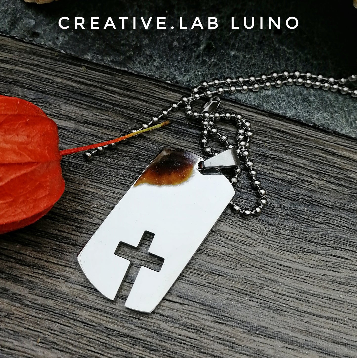 Ciondolo rettangolare con croce intagliata personalizzabile con collarino (B2)
