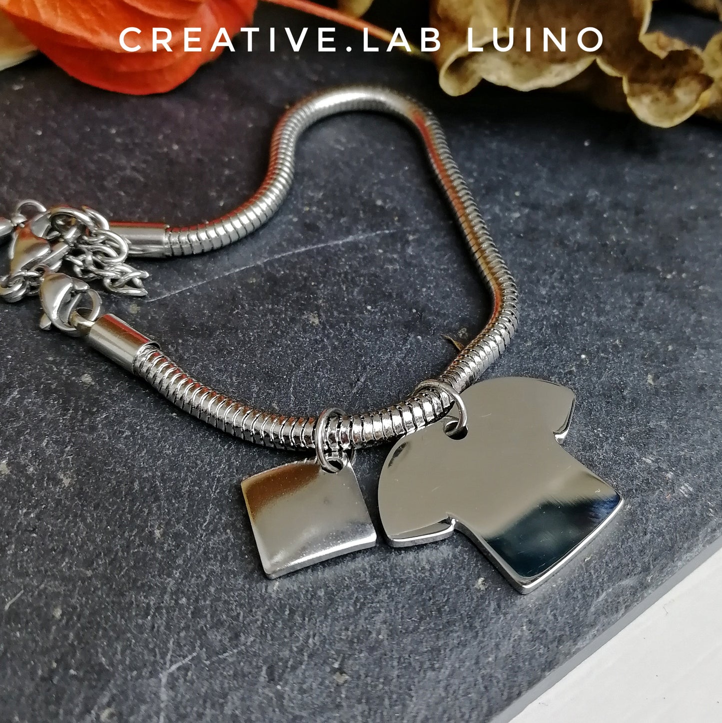 Bracciale snake in acciaio e ciondolo a maglia e ciondolo rombo (G4+B38+A22)