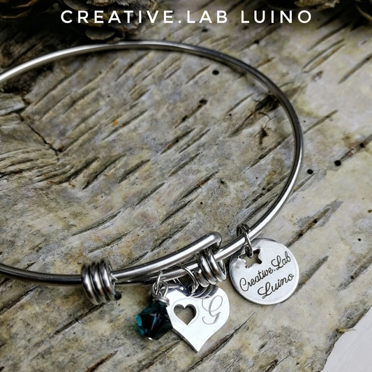 Bracciale rigido, ciondolo personalizzabile a cuore e Swarovski (G20+A25+SW)