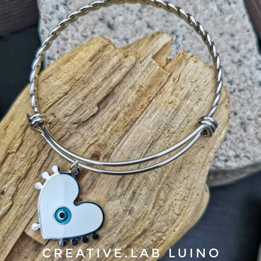 Bracciale rigido con ciondolo cuore Evil Eye personalizzabile (B7B+G49)