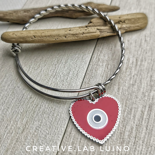 Bracciale rigido con ciondolo cuore Evil Eye personalizzabile (B7C+G49)