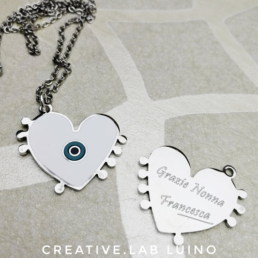 Collananina con ciondolo cuore Evil Eye personalizzabile (B7B+D2)