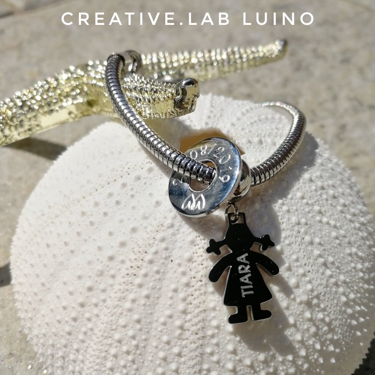 Rondella in acciaio e bambino/a personalizzabili su bracciale snake (G4+rond+ A9/A10)
