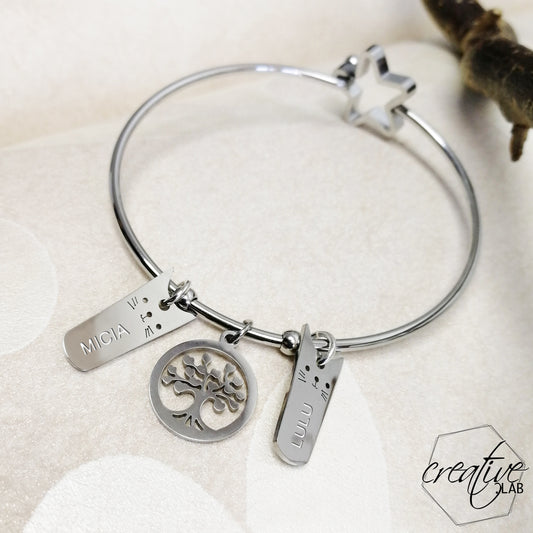 Bracciale rigido con ciondoli gatto personalizzabili (M16B+B15C)