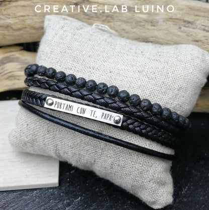 Bracciale da uomo in ecopelle e perle di lava vulcanica, personalizzabile (G95)