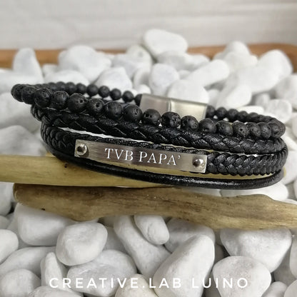 Bracciale da uomo in ecopelle e perle di lava vulcanica, personalizzabile (G95)