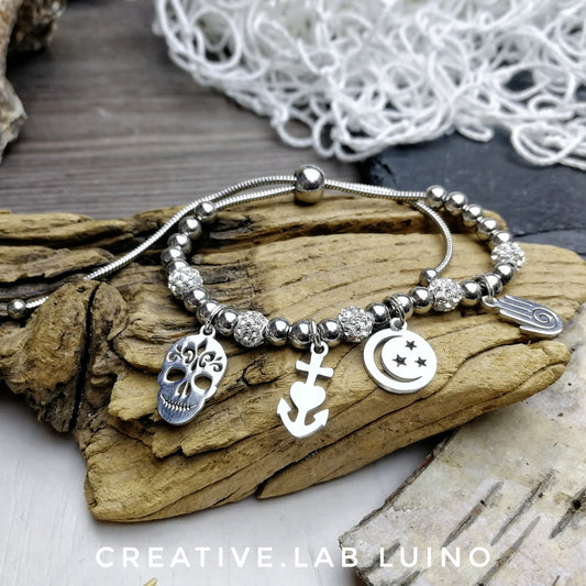 Bracciale snake acciaio con perle strass e ciondolini (M18C+ch)