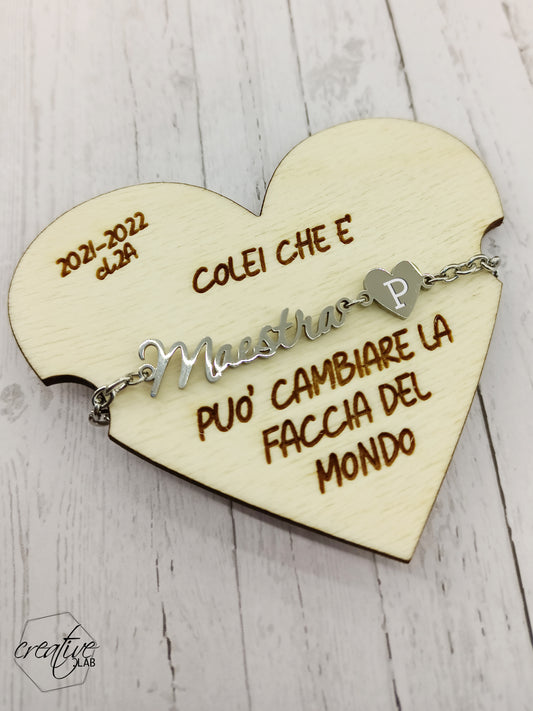 Bracciale per maestra con la sua iniziale su base personalizzabile con frase