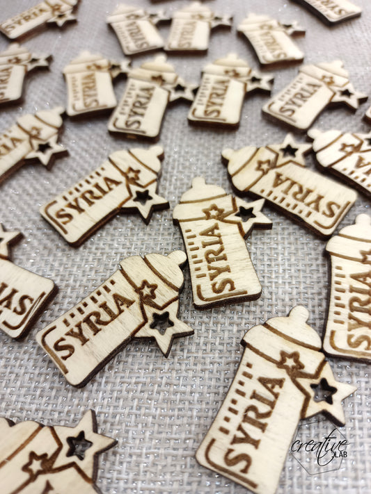 Set di 5 tags/calamita per Battesimo, in legno, personalizzabile - biberon