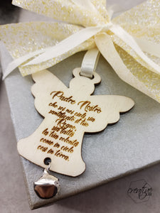 Set di 5 tags per Battesimo/Comunione/Cresima, in legno - angelo con campanellino