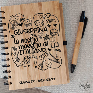 Notes e penna di bamboo, personalizzabile, per maestri di italiano