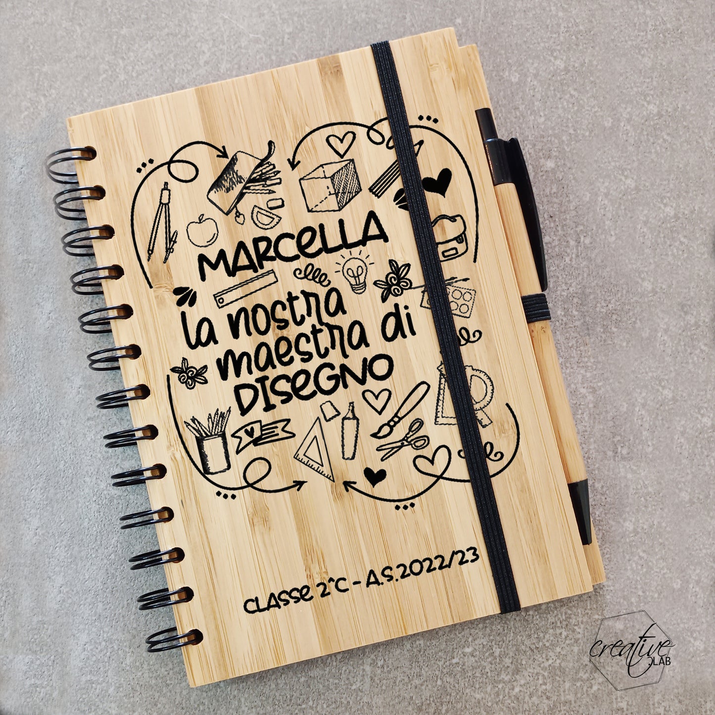 Notes e penna di bamboo, personalizzabile, per maestri di disegno