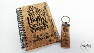 Notes, penna e portachiavi in sughero, personalizzabile, "Home sweet home"