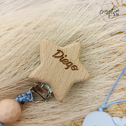 Porta ciuccio personalizzabile con clip di legno a stella